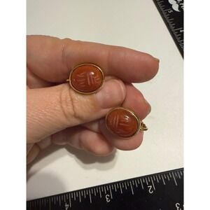 Vintage Gold Tone Carved Scarab Screw Back Earrings Carnelian Red Egyptian Style